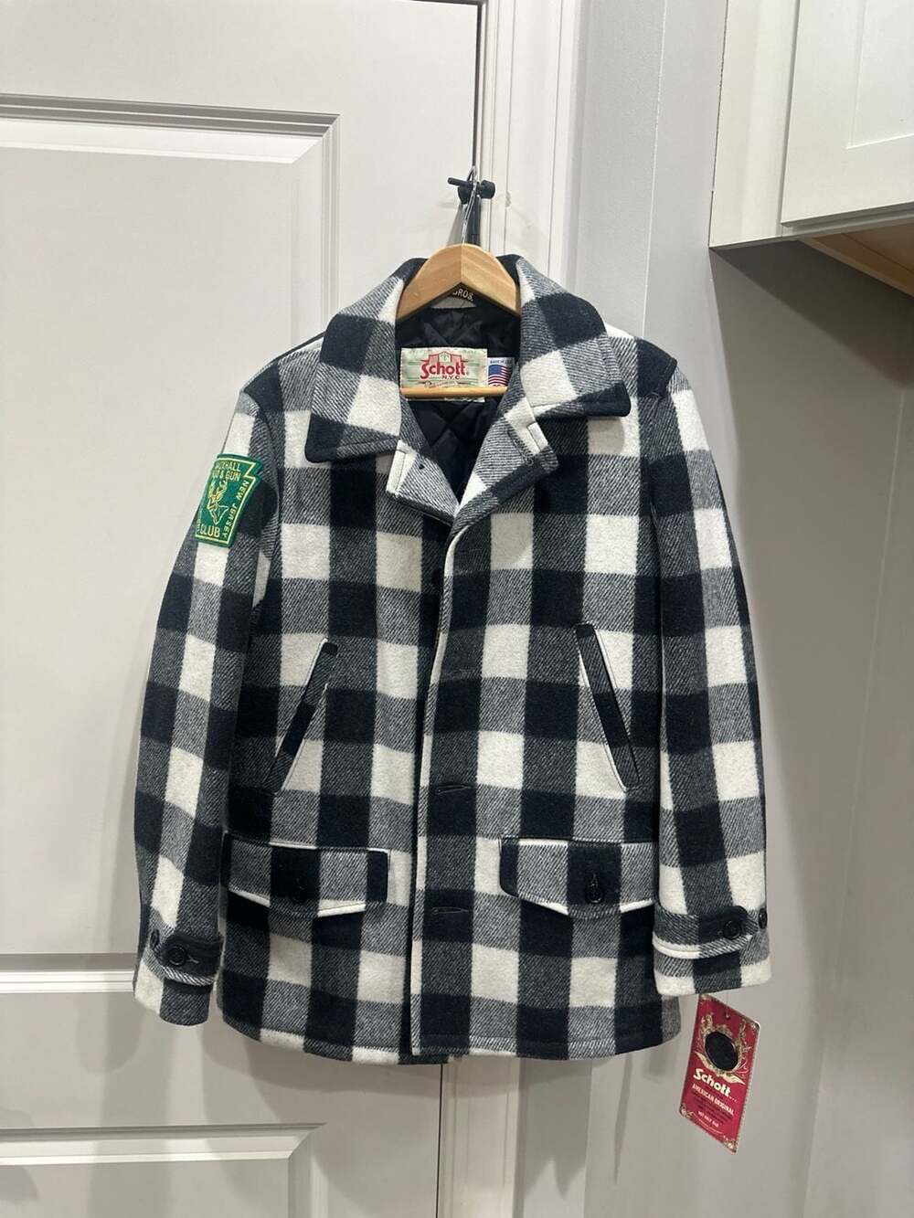 Vtg Schott NYC 737US White/Black Buffalo Plaid Wool Car Coat with Patch